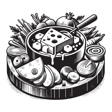 black and white fondue with vegetables clip art preview