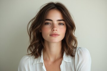 Obraz premium Portrait of a beautiful young woman with freckles and brown hair