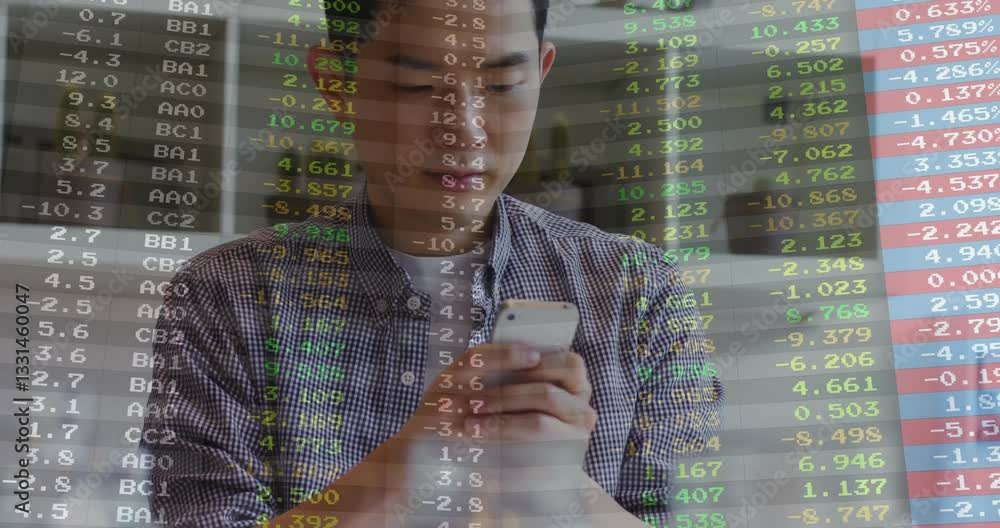 Poster using smartphone, person viewing stock market data with animation in school setting