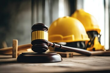 Vibrant Picture of Judge Gavel,Safety Helmet and Working Tools Construction Law