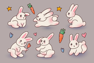 Trendy vector illustration of Easter bunny. Cute Rabbits jumping, sitting, looking and falling in love.