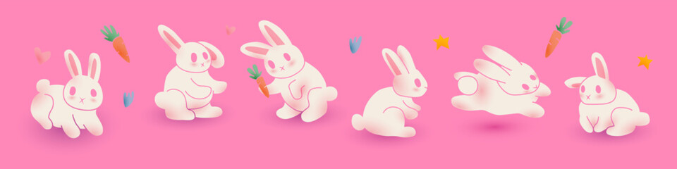Trendy vector illustration of Easter bunny. Cute Rabbits jumping, sitting, looking and falling in love.