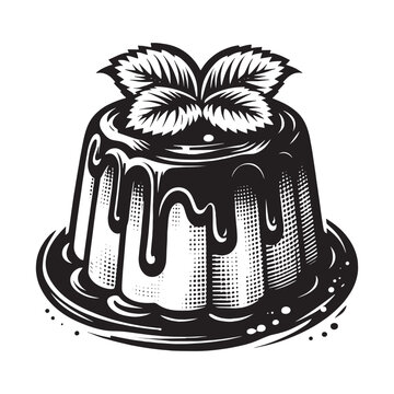 Monochrome Rum Baba Illustration with Dripping Syrup and Mint Leaves Topping