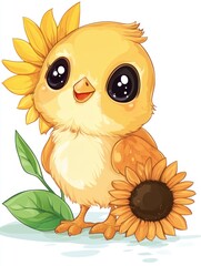 Fototapeta premium Cute chick with sunflower. Adorable yellow chick wearing a sunflower