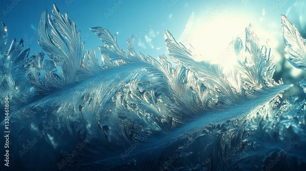 Poster close up view of intricate ice crystals formations, showcasing a range of textures and light reflect