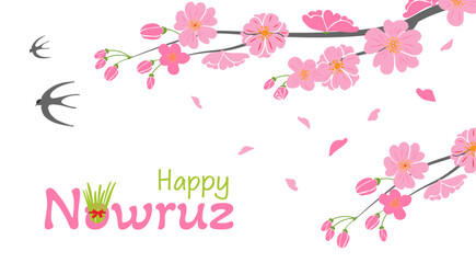 Obraz premium Nowruz illustration with pink cherry blossoms, swallows, and festive text. for Nowruz cards, banners, posters, and seasonal digital designs.