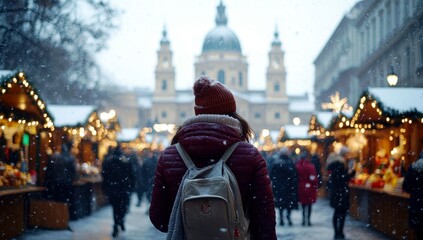 Woman in Warm Jacket Strolling Through Snowy Christmas Market with Colorful Stalls and Festive Lights in Background