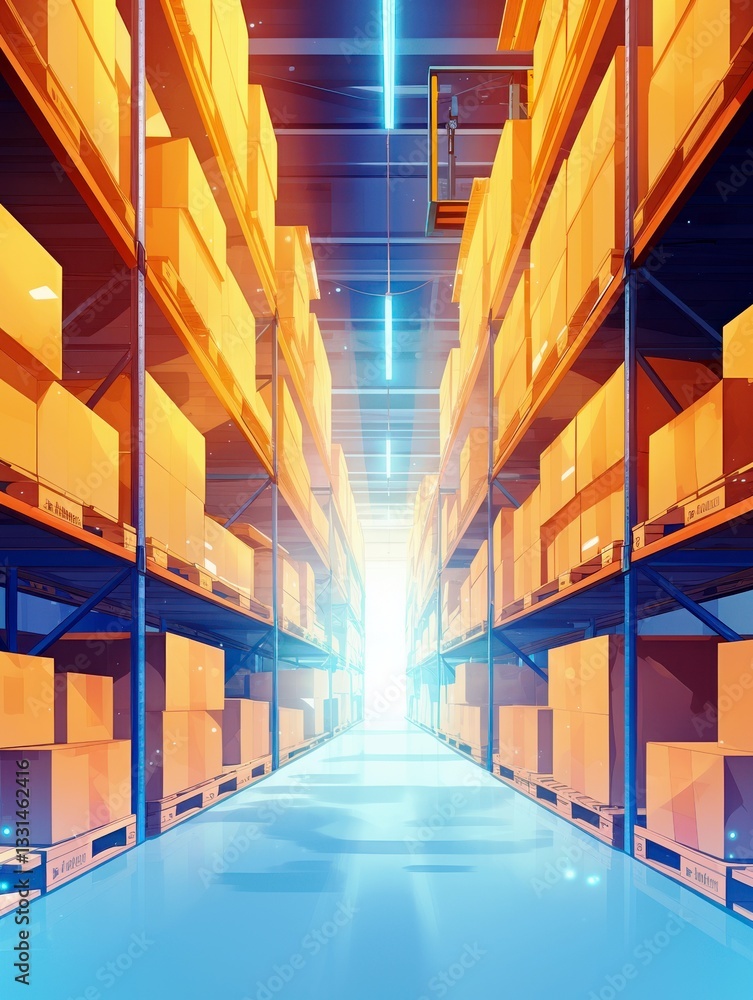 Poster vibrant modern warehouse interior with bright lighting and neatly stacked boxes creating a streamlin