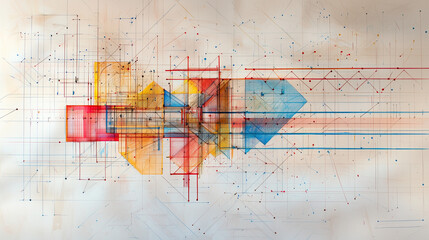 Colorful geometric shapes and lines creating a dynamic visual composition.