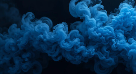 A dynamic smoke cloud texture in deep blue and black tones, swirling dramatically across the frame