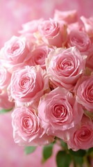 Obraz premium Close up view of a bouquet of light pink roses with soft, blurred background. The roses are in full bloom, showing delicate petals and subtle dew drops.