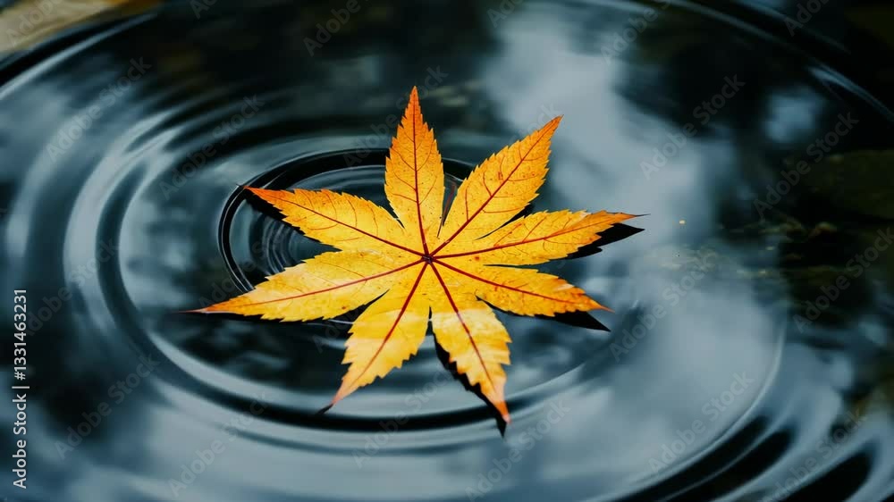 Poster bright yellow maple leaf floating on calm water reflecting autumn colors and creating gentle ripples