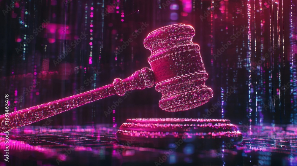 Poster modern justice systems are represented by a judge's gavel lit up by a futuristic holographic display