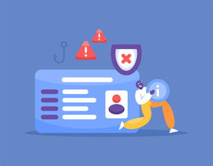 concept of personal data information theft. hacking and warning. user data security. illustration of a thief or hacker stealing information from an ID card. flat style design. elements