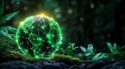 Obraz premium Glowing green Earth globe surrounded by lush green foliage, set against a dark, moody background. The image evokes a sense of environmentalism and global interconnectedness.