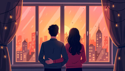 Housewarming moment of a couple enjoying their new home and life together at sunset