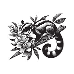 Fototapeta premium Stylized sugar glider illustration perched on branch with floral elements
