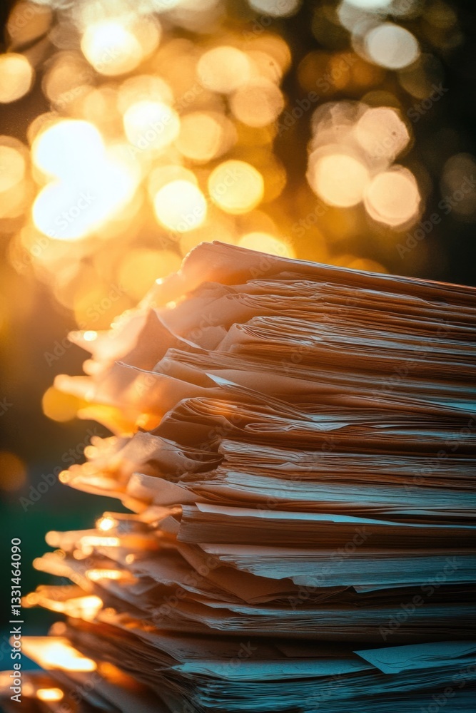 Poster stack of papers placed on a table, possibly awaiting action or review