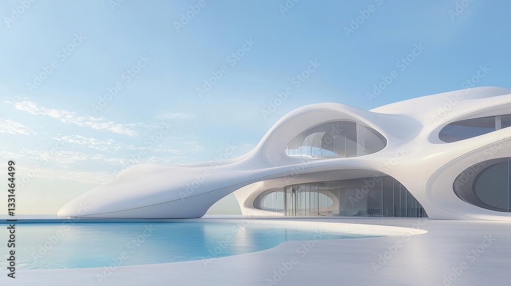 Poster image of a minimalist white concrete structure with an empty cement floor, created as a 3d render, s