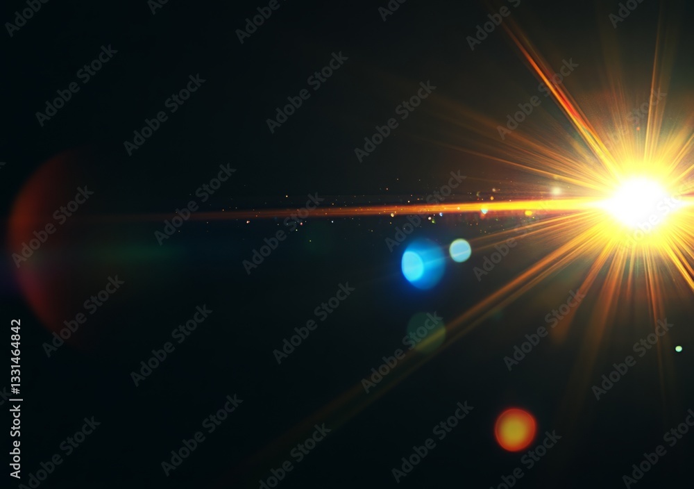 Poster a bright light is shining on a dark background. a beautiful lens flare with glowing light and bokeh 