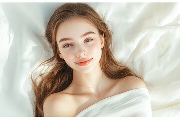 Obraz premium Young woman with blue eyes lying on white sheets