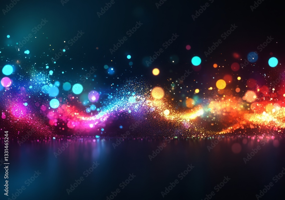 Wall mural a colorful wave of light with many small dots. a beautiful lens flare with glowing light and bokeh o