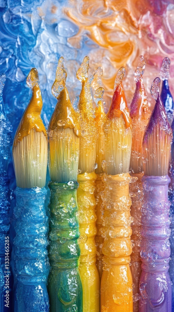 Poster a vibrant array of paint tubes in various colors is neatly arranged in a row on a rustic wooden tabl