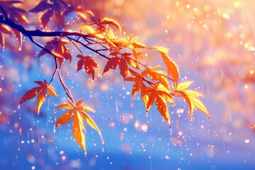 Beautiful Autumn Leaves Glimmering with Raindrops in a Softly Lit Background of Orange and Blue Hues During a Gentle Rainfall