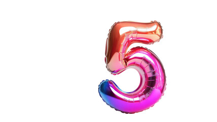 Bright and colorful helium balloon in the shape of the number five against a plain background