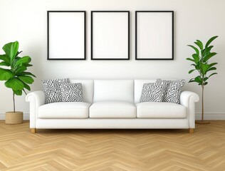 White sofa with black and white patterned pillows in a minimalist living room with three empty picture frames and plants. Light hardwood floors and white walls.
