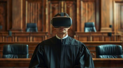 Virtual reality trial experience in a modern courtroom setting with a judge using augmented technology