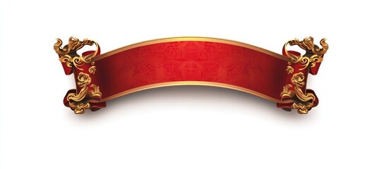 Red Chinese scroll banner with golden decoration on a white background