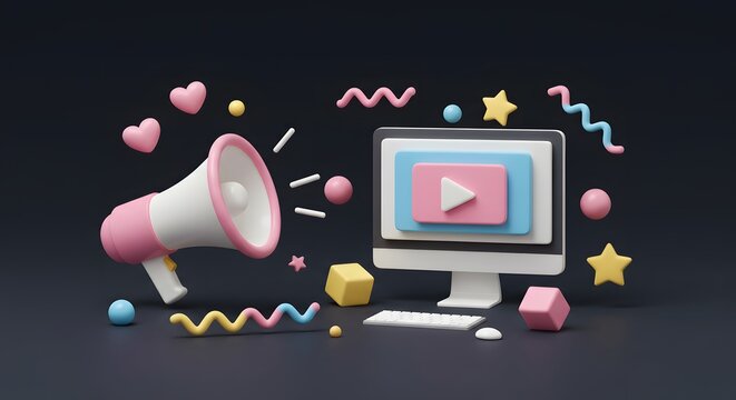 Promote Your Videos! 3D Megaphone and Computer Screen Announce New Content. Colorful, Playful Style.