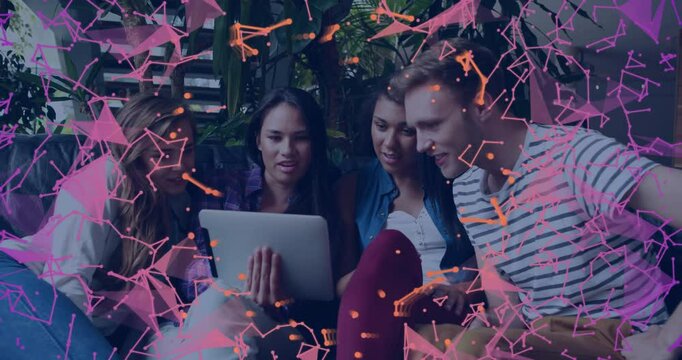 Young adults gathered around tablet with digital network animation overlay