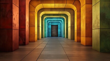 Fototapeta premium Single Color Neon Light Vibrant hallway with arches featuring colorful columns and a mysterious door.