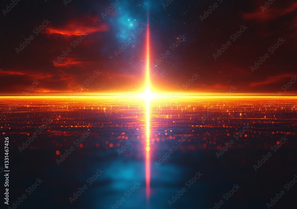 Poster a bright light is shining on the water. a beautiful lens flare with glowing light and bokeh on a bla