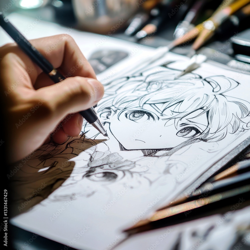 Poster hand illustrating character design in sketchbook with art supplies and detailed expression in artist