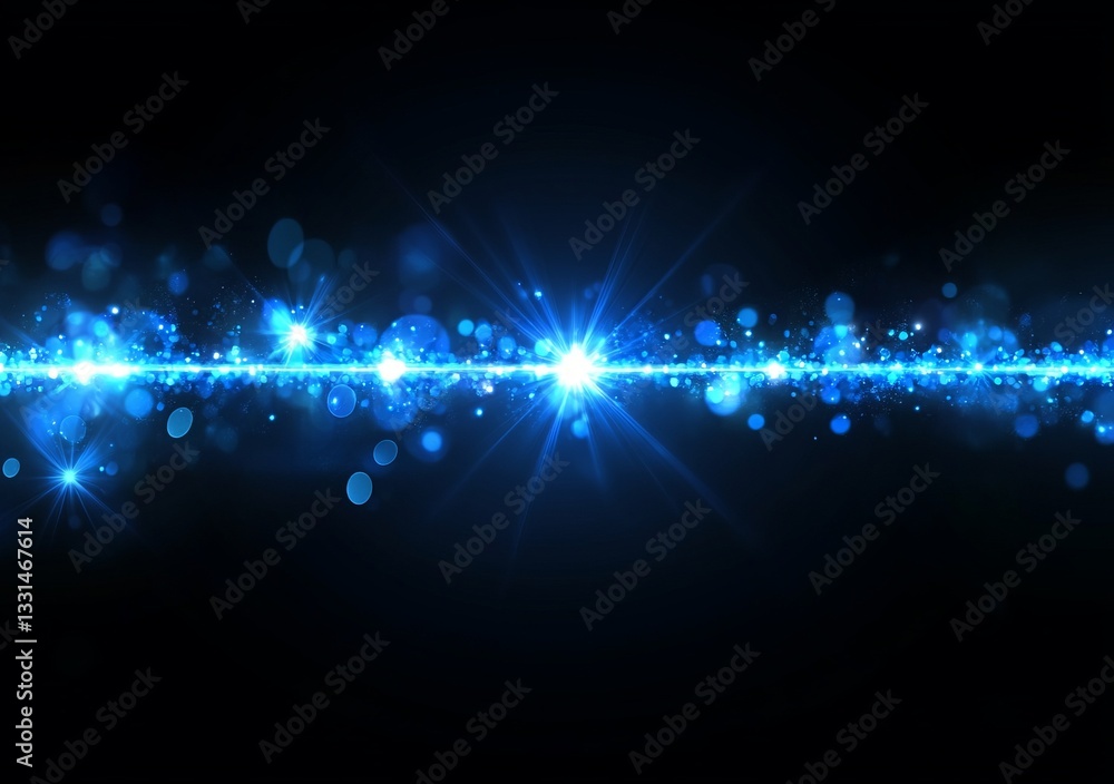 Poster a blue line with a bright light in the middle. a beautiful lens flare with glowing light and bokeh o