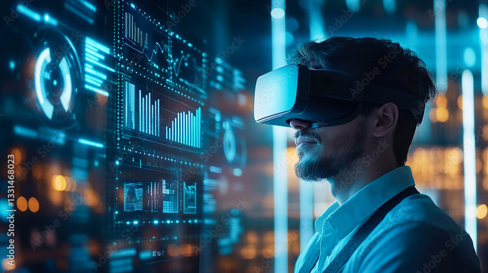 Poster a man wearing a vr helmet. futuristic glowing graphics and data are visible against the background, 