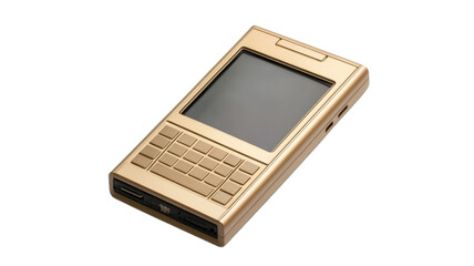 Vintage handheld digital audio player with a sleek gold design and tactile buttons displayed on a plain background