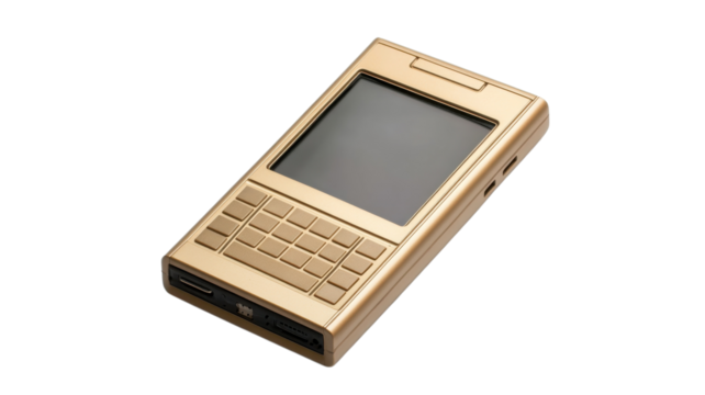 Vintage handheld digital audio player with a sleek gold design and tactile buttons displayed on a plain background