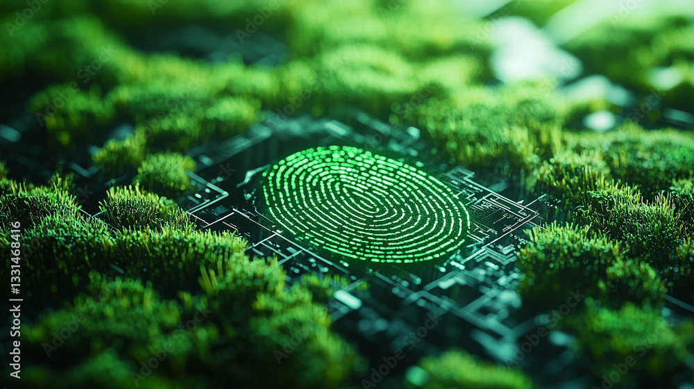 Poster a glowing green fingerprint placed against the background of an electronic circuit. moss or grass gr