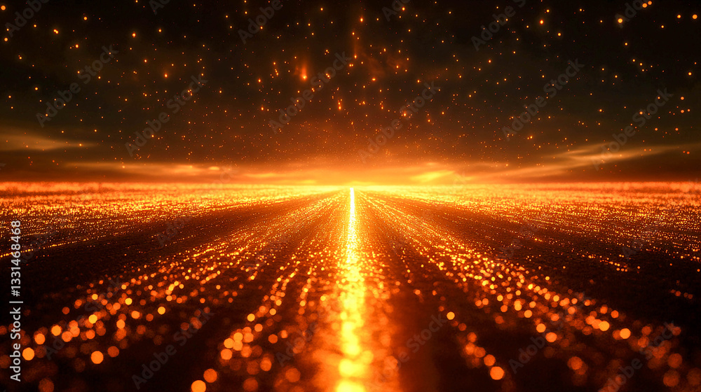 Poster abstract view of the horizon, dotted with glowing orange dots. in the distance, a bright light sourc