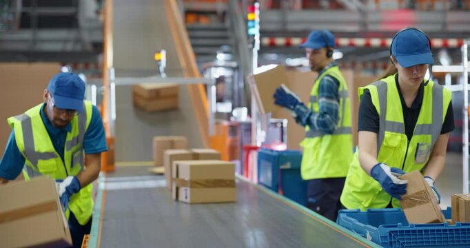 Diverse Workers in Safety Vests Loading Parcels Onto a Conveyor in a Modern Sorting Center Facility. People Working Together as a Team in Logistics and Postal Service Operations