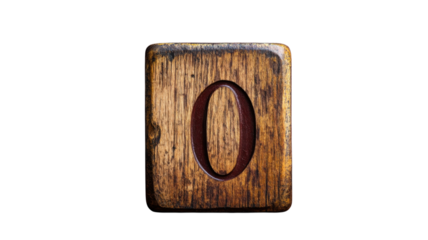 Number zero carved in dark brown wood with a rustic texture lying flat on a white background
