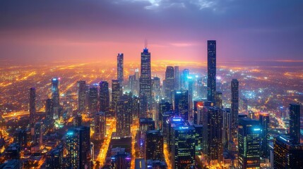 Fototapeta premium Aerial view of a city skyline at night, illuminated with warm and cool toned lights. Buildings of varying heights create a dynamic cityscape under a twilight sky.