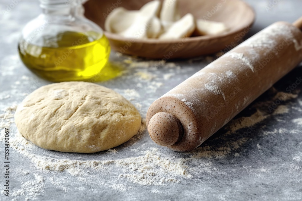 Poster a rolling pin is placed on a table next to a lump of dough, ready for shaping