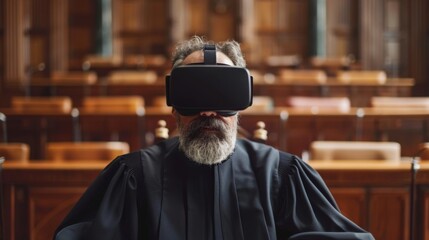 Judicial professional engages in a virtual reality trial experience within a courtroom setting