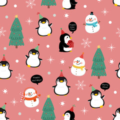 Merry Christmas and happy new year with cute little penguins in party hat seamless pattern and background.  -Vector