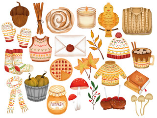 Watercolor Autumn Cozy Illustration Set, Hand Paint, Fall Season, Pumpkin, Maple Leaf, Cinnamon Roll, Sweater, Scarf, Hot Chocolate, Mushroom, Caramel Apple, Knitwear, Candle, Rustic, Warm, Aesthetic